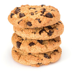 Homemade cookies. Four sweet cookies with chocolate chips. Tasty biscuit in high resolution close-up, isolated on white background with small shadows. Homemade bakery.