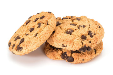 Homemade cookies. Three sweet cookies with chocolate chips. Tasty biscuit in high resolution close-up, isolated on white background with small shadows. Homemade bakery.