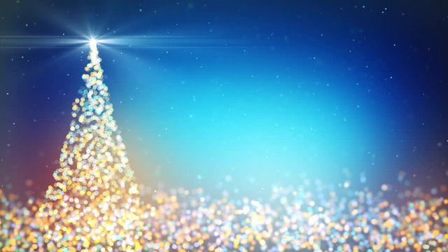 Merry Christmas greeting video card. Animation of winter holidays Christmas tree with shining light, falling snowflakes and bokeh, 4K seamless holiday animation