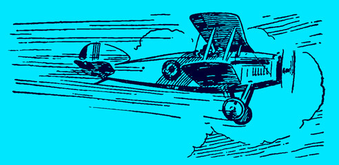Antique biplane flying at high speed on blue background © M