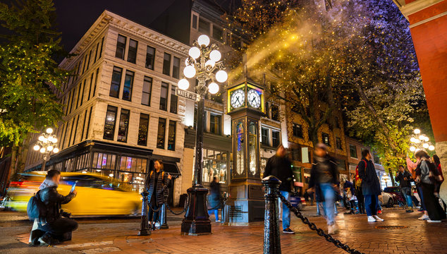 Vancouver, British Columbia, Canada. 09. 01. 2018. Empty Streets On A Chilly Night, Gastown Steam Clock Steaming As It Gets Close To Midnight.