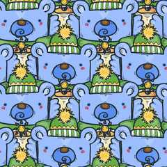 Seamless pattern with cute bear in warm winter clothes with cup of hot drink. Scarf, hat and woolen socks.