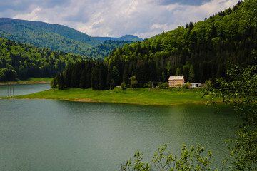 Vidraru Lake landscape from Romania Transfagaras, dam in the montains nature travel and tourism in Fagaras.