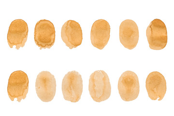Set badge of a fingerprint by coffee stain isolated on white background.
