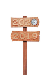 Wood signs indicating the way 2020 and 2019, Isolated on white background. New year concept