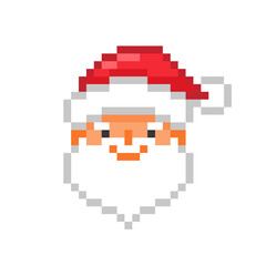 Happy smiling Santa Claus in a red hat, pixel art character isolated on white background. 8 bit Christmas old man avatar. Winter holiday logo. Vintage retro 80s-90s slot machine/video game graphics.