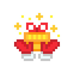 Obraz premium Two hands in red Santa's mittens holding yellow striped gift box decorated with red ribbon bow, pixel art icon isolated on white background. 8 bit Christmas present symbol. Winter holiday logotype.