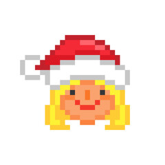 Fototapeta premium Happy smiling Santa Claus'wife in a red Christmas hat, pixel art character isolated on white background. 8 bit winter holiday girl logo. Vintage retro 80s-90s slot machine/video game graphics.