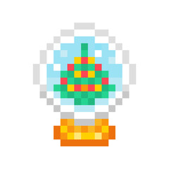Glass snow globe with spruce tree, pixel art icon isolated on white background. 8 bit Christmas gift symbol. Winter holiday ball decoration sign. Vintage retro slot machine/video game graphics.