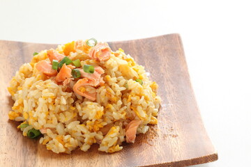 Chinese food, salmon and green pea fried rice