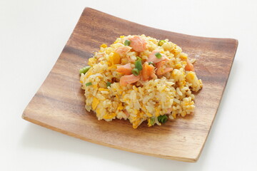 Chinese food, salmon and green pea fried rice