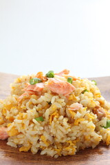Chinese food, salmon and green pea fried rice
