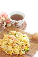 Chinese food, salmon and green pea fried rice