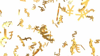 Shiny Golden World Currency Signs Falling Down in Slow Motion 3D Animation - Abstract Background Texture