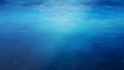 Fototapeta na wymiar Underwater Near Ocean Surface with Rising Bubbles in Blue Sea - Abstract Background Texture