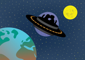Love couple is flying in ufo alien spaceship between the moon and earth in the future time. Science fiction and life in the future. Futuristic prediction illustration.