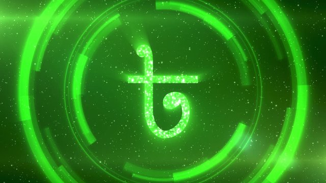 Green Bangladeshi taka currency symbol centered on a starscape background with HUD elements. Seamlessly loopable animation.