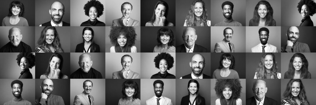 Group of 9 beautiful people in front of a background