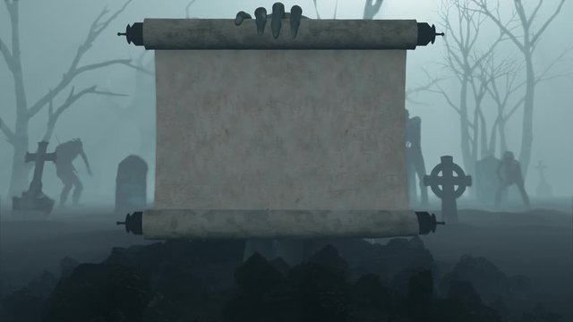 Animated video with hand bursting out of ground in a zombie graveyard with message displayed on scroll. Animated alpha matte to reveal the text or logo on scroll.
