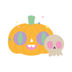 happy halloween celebration scary skull and pumpkin cartoon
