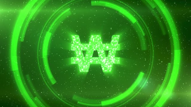 Green Korean won currency symbol centered on a starscape background with HUD elements. Seamlessly loopable animation.