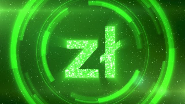 Green Polish zloty currency symbol centered on a starscape background with HUD elements. Seamlessly loopable animation.