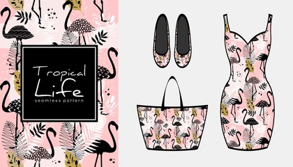 Flamingo and leaves seamless pattern, hand drawn watercolor vector illustration. Fashion design
