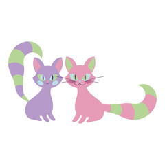 pink and purple cats sitting with striped tails