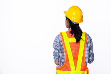 Beautiful Asian Architect Engineer women in yellow hard hat, safety vast reflector with orange tablet case in hand, studio lighting white background isolated, concept women can do, collage group pack