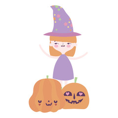 happy halloween celebration girl witch costume and pumpkins