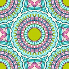 Decorative colorful ethnic seamless pattern for fabric or wrapping in oriental style. Hand drawn illustration