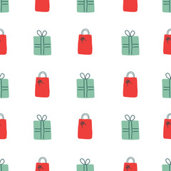 Christmas eve essential elements. Illustrated seamless pattern in red and green on white background. Cute, fun and happy style. Gifts boxes, bags and packages, shopping souvenirs