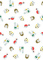 Christmas food and drink. Illustrated seamless pattern on white background. Sweet bread (panettone), nuts,dessert and cider or champagne for a traditional christmas dinner. Cute, fun and happy style. 