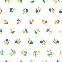 Christmas eve essential elements. Illustrated seamless pattern in red and green on white background. Cute, fun and happy style. Tree decorations: balls, bells, angels and socks.