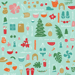 Latin american summer christmas in Brasil,with text in portuguese.Seamless pattern. 