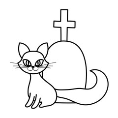 happy halloween celebration cat and tombstone with cross line style