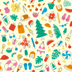 Latin american summer christmas, colorful seamless pattern. With christmas decorations and tree, food, summer vacations and beach elements, leaves and flowers. Tropical vibes, happy and fun 