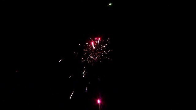 Red firework on black background. Firework on black night sky.