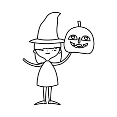 happy halloween celebration girl witch and pumpkin line style