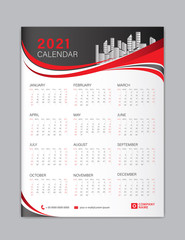 Calendar 2021 template layout, poster, wall calendar 2021, business brochure flyer, print media, advertisement, Simple design template, Red wave shape background, creative vector illustration