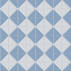 Abstract seamless pattern of blue white ceramic floor tiles. Square shape block consisting of triangle shape. Design geometric mosaic texture for the decoration of the bathroom, vector illustration