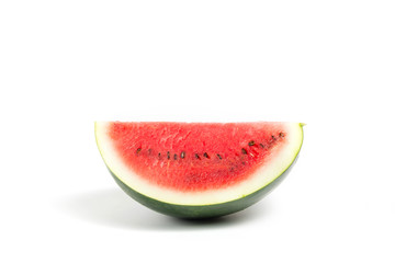 Fresh ripe and red watermelon fruit with seeds on white isolated background