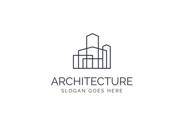 Simple modern building architecture logo design with line art skyscraper graphic