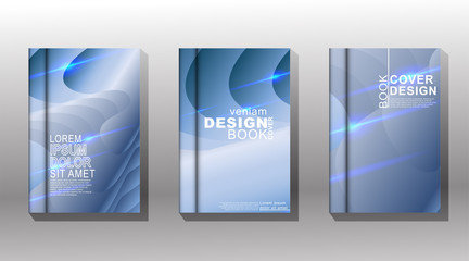 Modern background design. Vector collection of book covers with overlapping waves and blue light