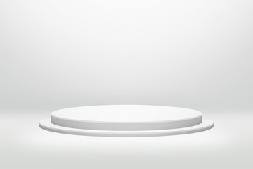 White podium stand in round shape with cylinder concept on modern room background. Empty counter...