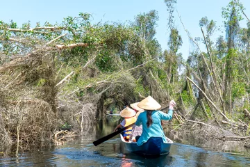 Foto op Canvas The ferryman takes traveler on a boat tour along the canals in the melaleuca forest. This is an eco tourism area at Mekong Delta in Long An, Vietnam © huythoai