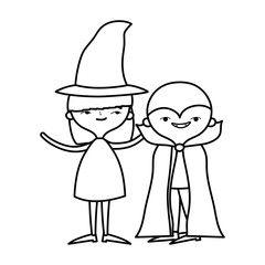 happy halloween celebration girl witch and boy monster costume line style