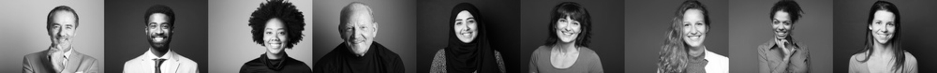 Group of 9 beautiful people in front of a background