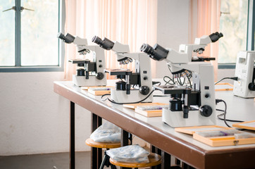 Row of Microscope with micro plate on white table in laboratory setting for research and learning