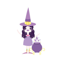 happy halloween celebration girl with hat witch cauldron spell